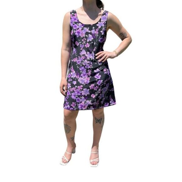 Vintage 90s Womens Purple Floral Tropical Hawaiian Mini Scoop Neck Dress Sz M - Picture 2 of 8